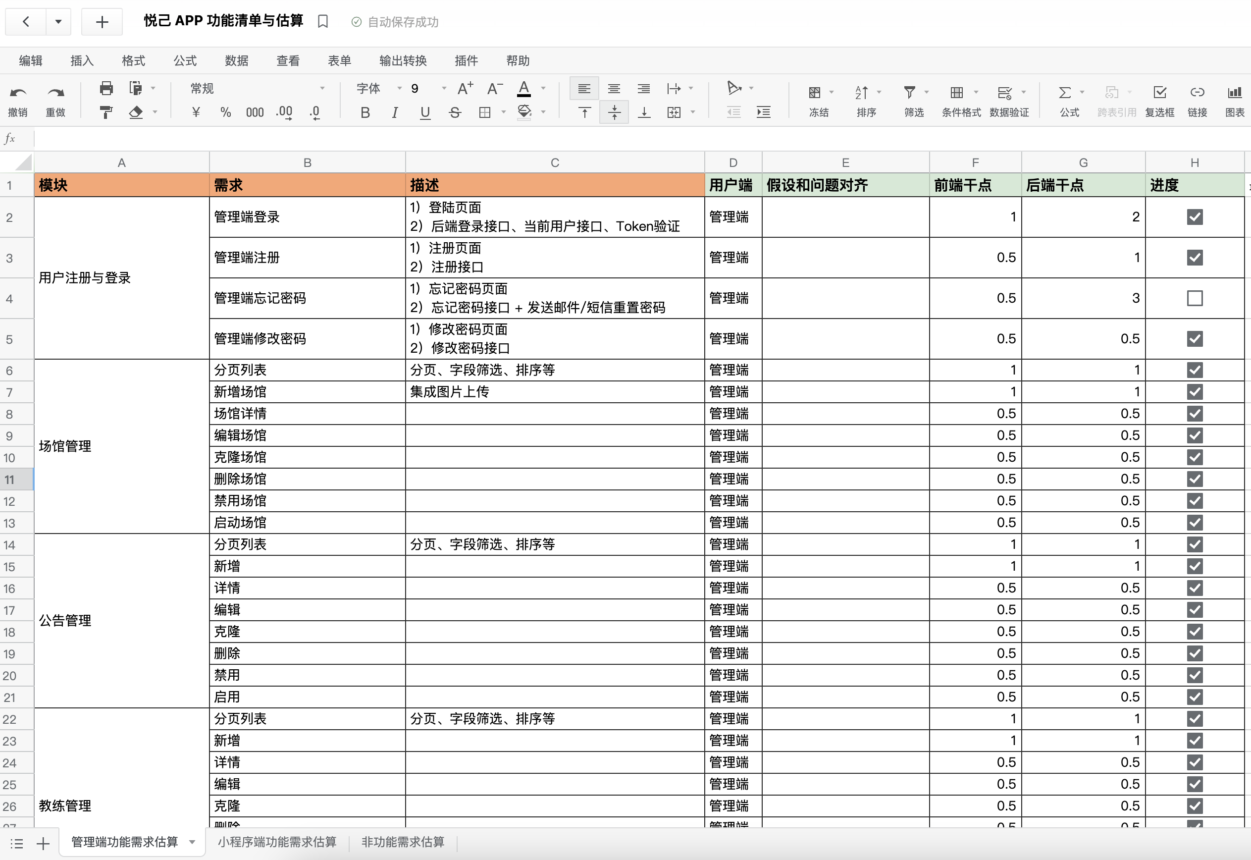 功能清单和工作量估算